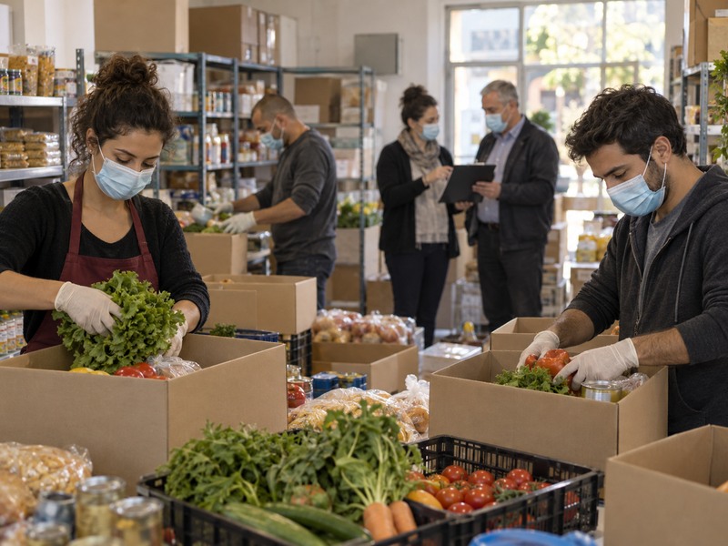 סצנה בדיונית שנוצרה בבינה מלאכותית: מתנדבים עם מסכות אורזים סלי מזון במרכז קהילתי