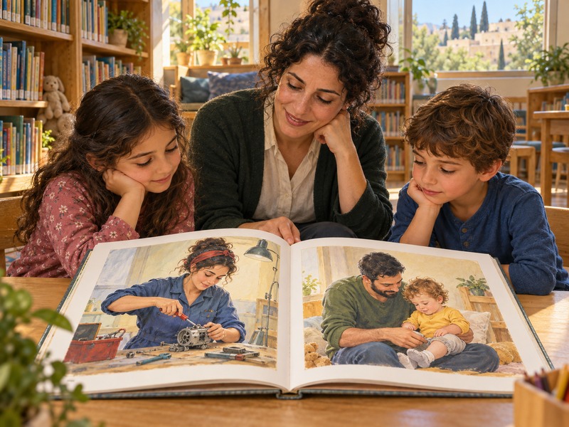 המחשה שנוצרה בבינה מלאכותית: ילדים ומורה קוראים ספר תמונות המציג אישה בעבודה טכנית ואב המטפל בפעוט