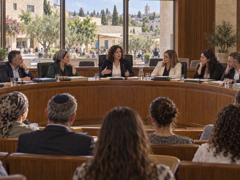 חברת מועצה מובילה דיון תקציבי עם עמיתיה באולם עירוני